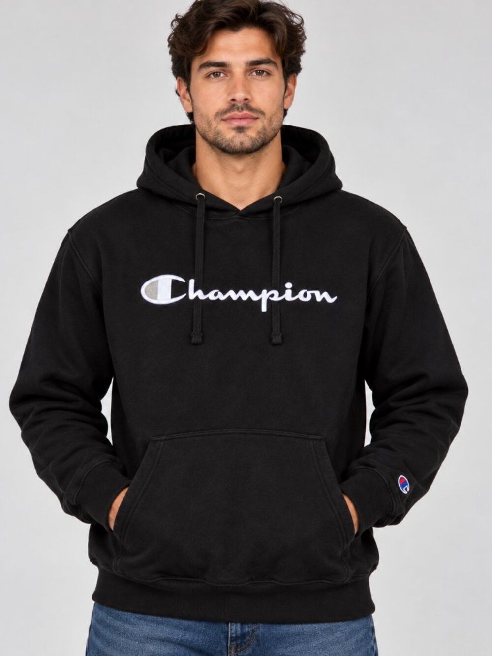 Champion Men's XL Black Pullover Hoodie Big Embroidered Logo Cotton Blend